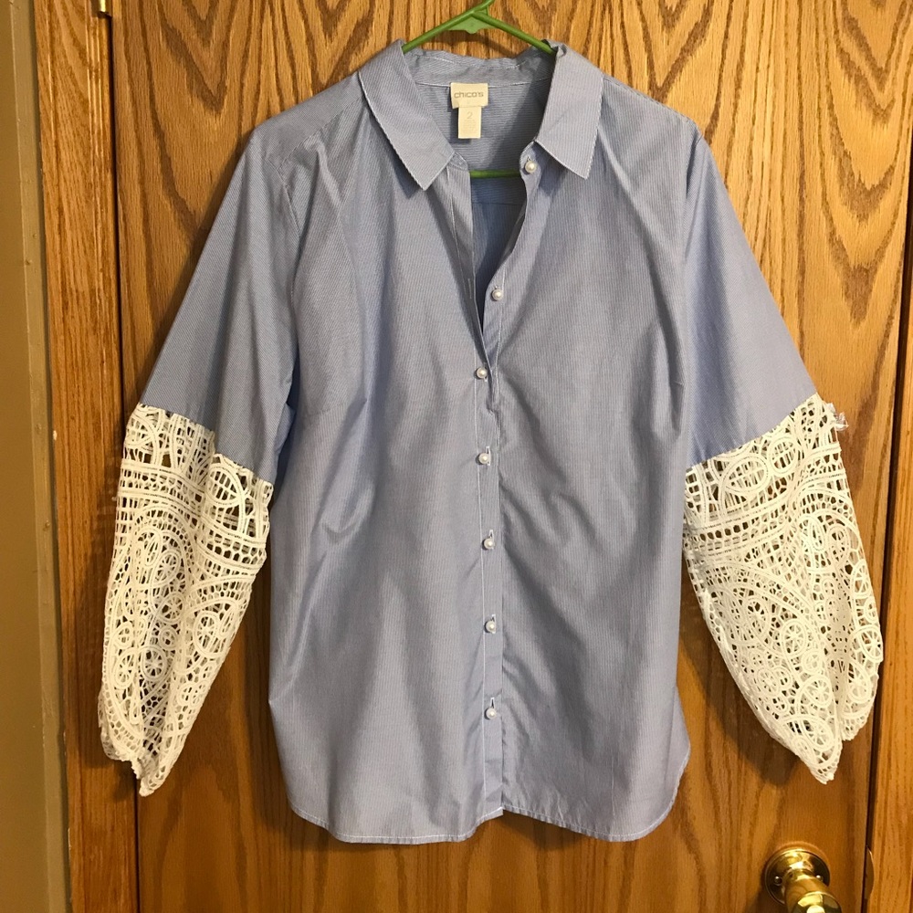 Blue Button-Up Top with Lace Sleeves